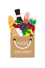 Food delivery. Grocery shopping concept. Purchase of fresh food with delivery in a paper bag. Vector illustration.