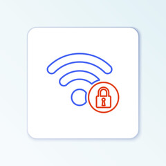 Line Wifi locked sign icon isolated on white background. Password Wi-fi symbol. Wireless Network icon. Wifi zone. Colorful outline concept. Vector.