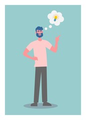 A bearded man got a bright idea. Simple flat illustration
