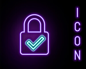 Glowing neon line Open padlock and check mark icon isolated on black background. Cyber security concept. Digital data protection. Safety safety. Colorful outline concept. Vector.