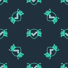 Line Cyber security icon isolated seamless pattern on black background. Shield with check mark sign. Safety concept. Digital data protection. Vector.