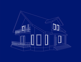 3D suburban house model. Drawing of the modern building. Cottage project on blue background. Interesting vector blueprint.