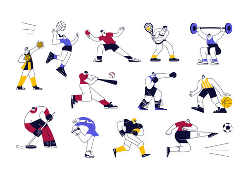 Set of male and female athletes. Team and Individual Sports characters isolated on white in modern outline minimalistic design. Flat Art Vector Illustration.