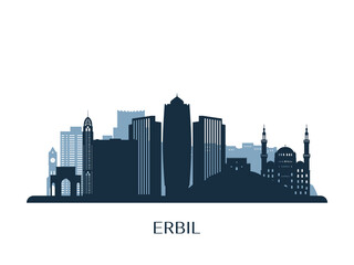 Erbil skyline, monochrome silhouette. Vector illustration.