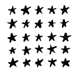Vector art illustration grunge stars. Set of hand drawn paint object snowflakes for design.  Black and white  shine background. Abstract brush drawing
