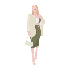 Beautiful woman with red lips. Girl in a trendy stylish suit. Woman in jacket and skirt below the knees. Isolated woman illustration. Vector 8 eps. 8 march. Womans day. Girl power