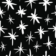 Fototapeta na wymiar Vector art illustration grunge stars. Set of hand drawn paint object snowflakes for design. Black and white shine background. Abstract brush drawing