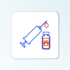 Line Syringe with pet vaccine icon isolated on white background. Dog or cat paw print. Colorful outline concept. Vector.