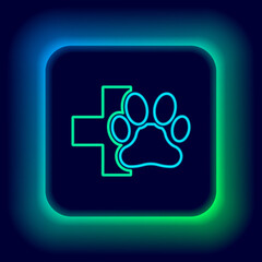 Glowing neon line Veterinary clinic symbol icon isolated on black background. Cross hospital sign. A stylized paw print dog or cat. Pet First Aid sign. Colorful outline concept. Vector.