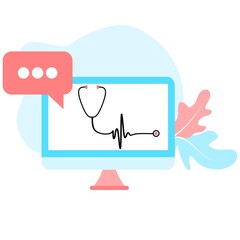 Online tele medicine flat illustration. Online medical consultation and treatment via application of computer connected internet clinic. Online ask doctor consultation technology in mobile vector.