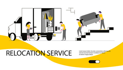 Moving Home and office Concept for Website. Web Page of Team carrying boxes and furniture into a moving van. Flat Art Vector illustration