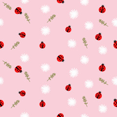 seamless pattern with flowers and ladybugs, vector drawing, pink background © Freesia