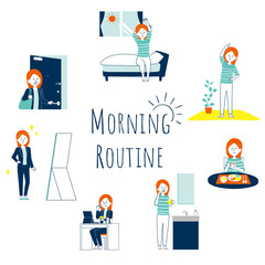 働く女性のモーニングルーティンイラスト　セット