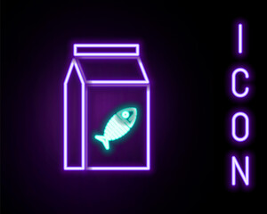 Glowing neon line Bag of food for cat icon isolated on black background. Fish skeleton sign. Food for animals. Pet food package. Colorful outline concept. Vector.