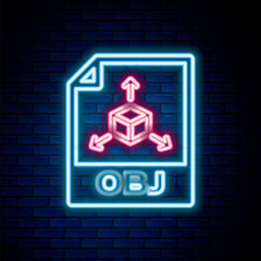 Glowing neon line OBJ file document. Download obj button icon isolated on brick wall background. OBJ file symbol. Colorful outline concept. Vector.