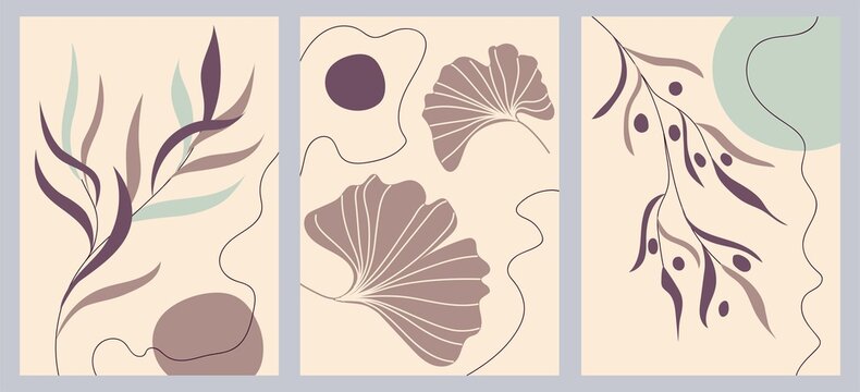 Set of creative hand painted one line abstract shapes. Minimalistic image icons: flowers, leaves. For postcard, poster, placard, brochure, cover design, web.	