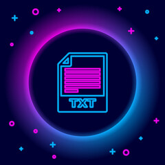 Glowing neon line TXT file document. Download txt button icon isolated on black background. Text file extension symbol. Colorful outline concept. Vector.