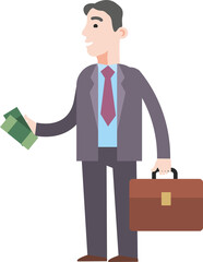 A man in a suit and tie holds a briefcase and money. Banker isolated on white background. Flat infographics. Vector illustration.