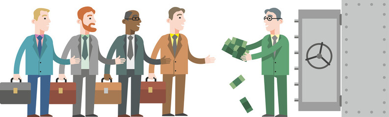 A group of men in a suit, tie with a briefcase came to take out a loan. International Monetary Fund. Flat infographics. Vector illustration.