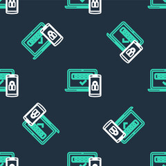 Line Multi factor, two steps authentication icon isolated seamless pattern on black background. Vector.