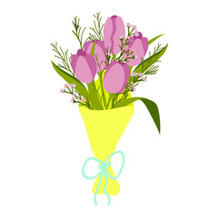 Delicate bouquet of pink tulips in a yellow craft wrapper. Spring concept. Modern vector hand drawn illustration isolated on white. For Gift Card, stickers, postcard, fabric, t-shirt, gifts, posters