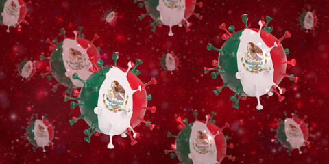 Global healthcare crisis in Covid-19 outbreak and vaccine concept: 3d rendered coronavirus cells with Mexican flag floating in bloodstream background. National fight against pandemic.