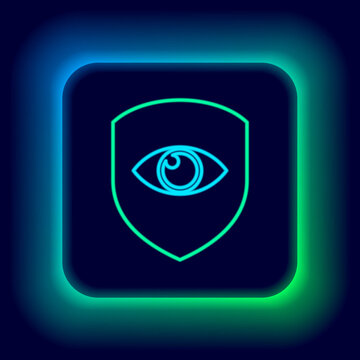 Glowing Neon Line Shield And Eye Icon Isolated On Black Background. Security, Safety, Protection, Privacy Concept. Colorful Outline Concept. Vector.