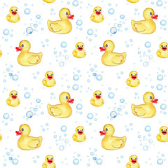 Seamless pattern with yellow  toy ducks and blue bubbles on white background. watercolor illustration
