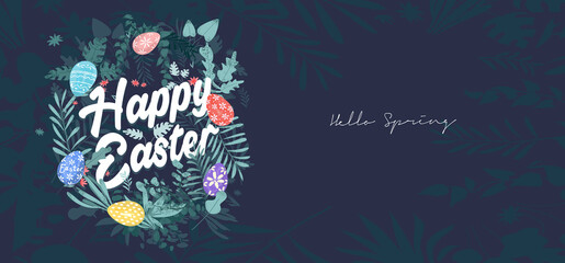Fototapeta na wymiar Happy Easter. Vector, Easter illustration. Flowers, Easter eggs, rabbit. Spring flower illustration. Perfect for a poster, cover, or postcard.