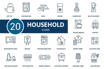 Household icon set. Contains editable icons household theme such as fridge, air condition, vacuum cleaner and more.
