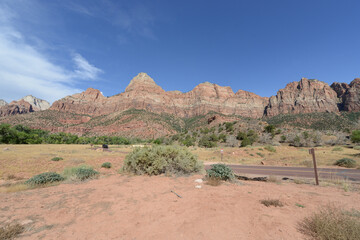 Scenic view of the rocky and mountainous terrain at Zion National Park