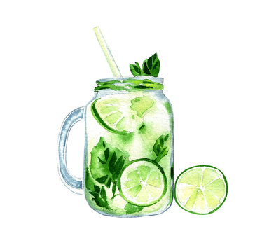 Watercolor illustration of summer cocktails lemonade. Ice tea cocktail with lemons