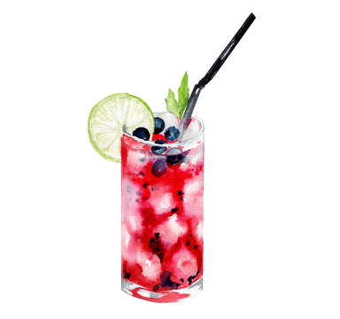 Watercolor lemonade with lime, ice and blueberry. Hand drawn isolated summer drink glass on white background. Artistic illustration.
