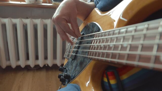 The musician plays a five-string bass guitar at home. Close-up. Soft Focus