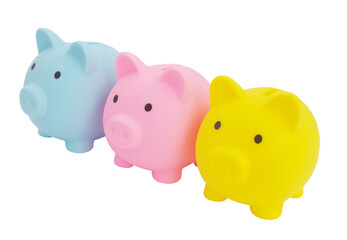Three colorful piggy banks isolated on white background