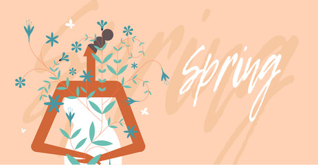 Spring, Summer, Sale. Flowers and a happy, loving girl. Spring, summer vector flat illustration. Minimalistic, trendy style. Poster, banner, postcard.