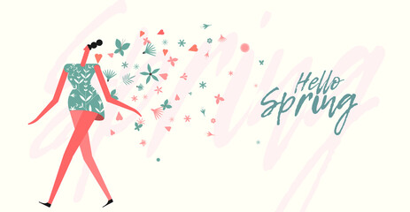 Spring, Summer, Sale. Flowers and a happy, loving girl. Spring, summer vector flat illustration. Minimalistic, trendy style. Poster, banner, postcard.