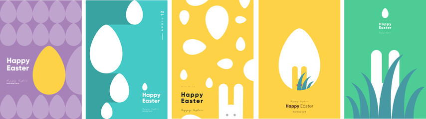 Happy Easter. Patterns. Modern geometric abstract style. A set of vector Easter illustrations. Easter eggs, rabbit. Perfect for a poster, cover, or postcard.