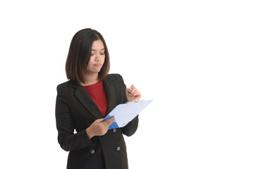 Asian business woman is holding a tablet and the other hand holding a pen. On white Background.