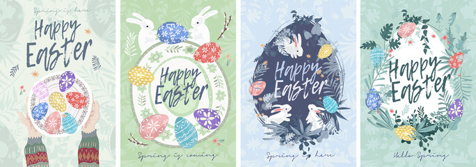 Happy Easter. A set of vector Easter illustrations. Easter eggs on a plate. Flowers, Easter eggs, rabbit. Spring flower illustration. Perfect for a poster, cover, or postcard.