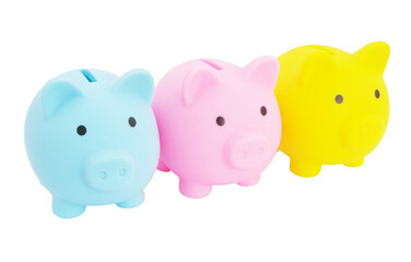 Three colorful piggy banks isolated on white background