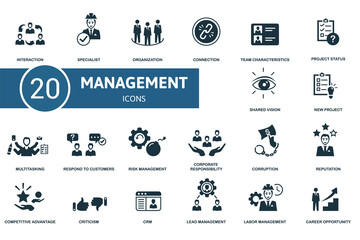 Management icon set. Contains editable icons management theme such as specialist, connection, project status and more.
