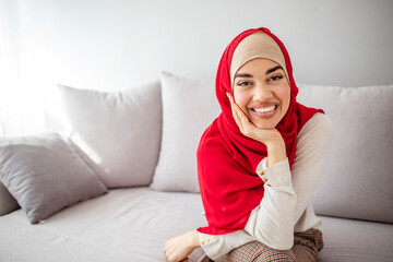 Arabian woman with happy smile. Strict formal outfit and elegant appearance. Islamic fashion. Young asian muslim woman in head scarf smile. Beautiful middle eastern woman wearing abaya.