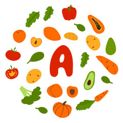 Vector flat hand drawn veggies and fruits rich in vitamin A