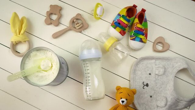 Baby accessories and milk food. Selective focus.