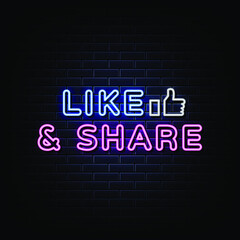 Like and share neon signs vector. Design template neon sign
