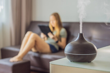 Aromatherapy Concept. Wooden Electric Ultrasonic Essential Oil Aroma Diffuser and Humidifier....