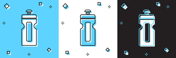 Set Fitness shaker icon isolated on blue and white, black background. Sports shaker bottle with lid for water and protein cocktails. Vector.