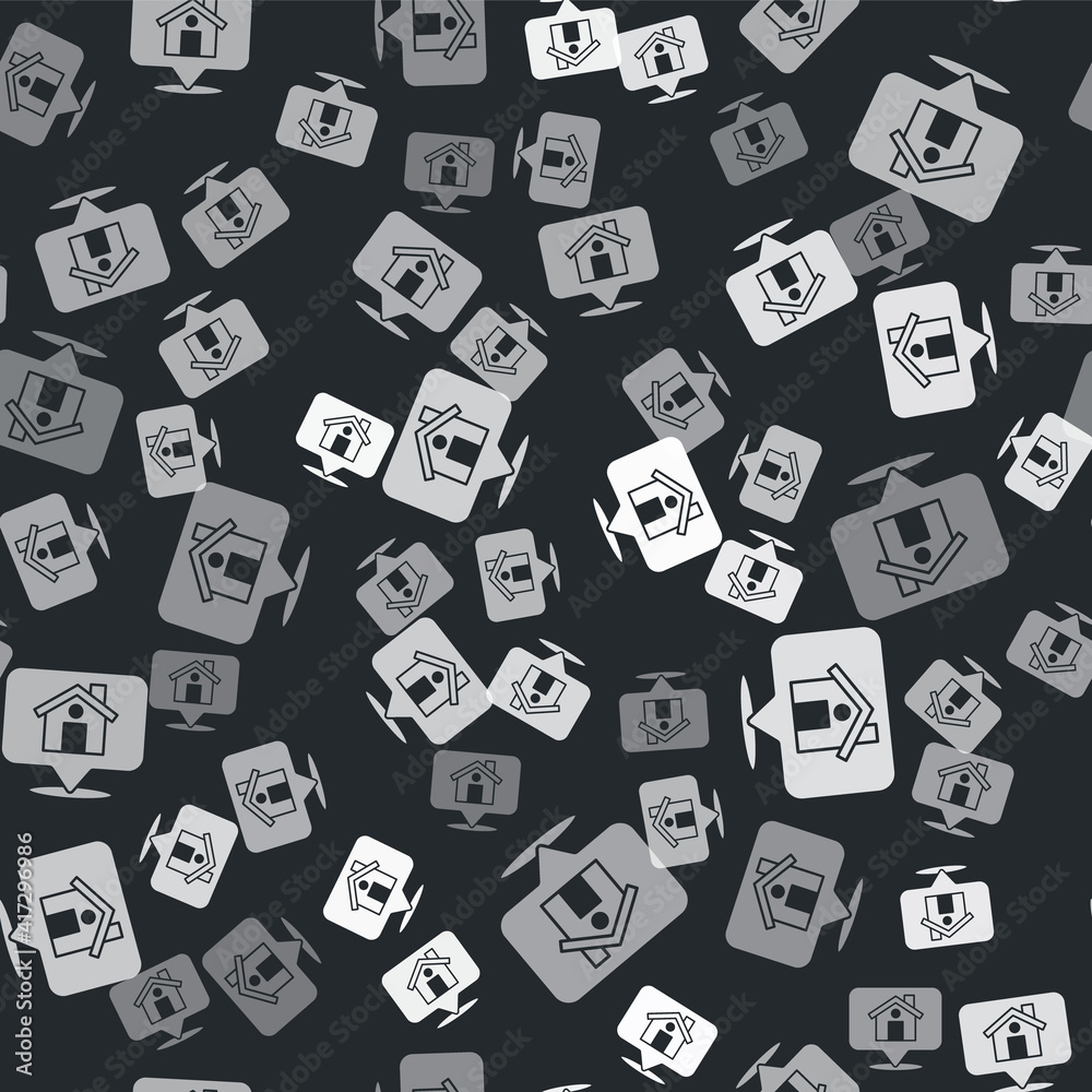 Wall mural grey map pointer with house icon isolated seamless pattern on black background. home location marker