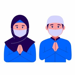 cute couple young man and woman wear masks. muslim. flat vector illustration 